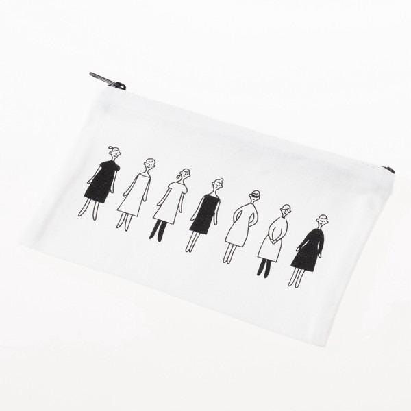 A white pouch with a black line drawing of a group of stylized human figures.