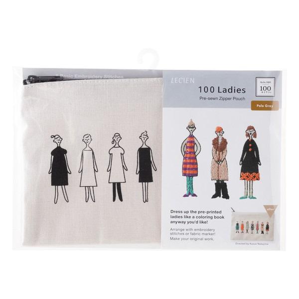 The image is a package for a sewing kit that includes a 100-piece pre-sewn zipper pouch and a 100-piece embroidery kit. The kit is designed to allow users to embroider and dress up the pre-printed ladies like a coloring book, arranging them in various ways and creating their own original work.
