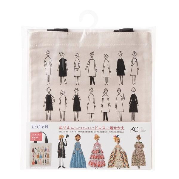 The image is a tote bag featuring a collection of stylized silhouettes of women in various outfits, including dresses and accessories.