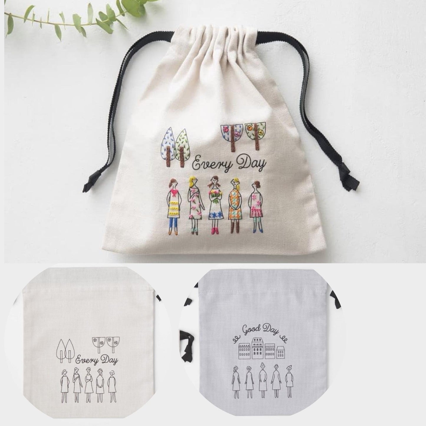 a white drawstring bag with a printed design of a group of people and the text "Every Day" printed on it.