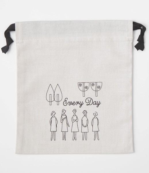 A white drawstring bag with a simple black line drawing of five stylized human figures and the text "Every Day" printed on it.