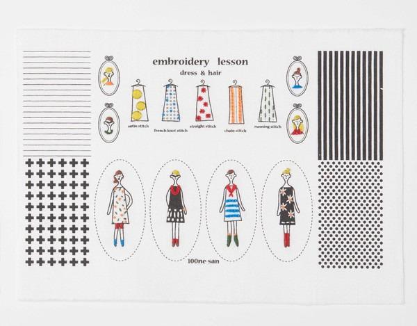 The image is an embroidery lesson featuring various dress and hair designs, along with illustrations of the designs.