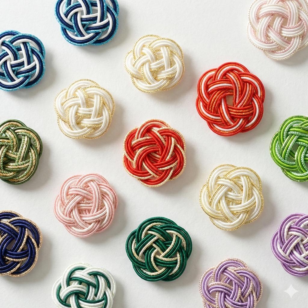 a collection of twelve intricately woven objects, each with a unique knot pattern, arranged in a grid-like pattern on a white background.