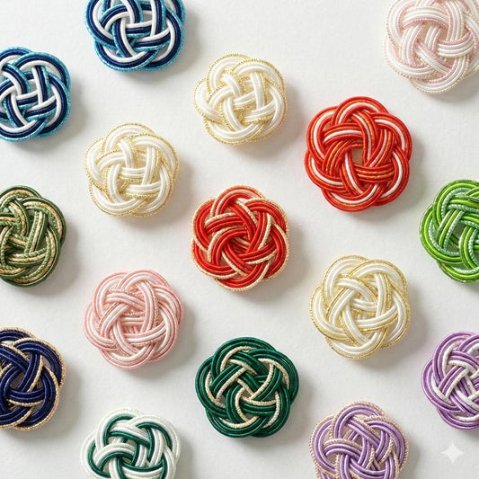 a collection of twelve intricately woven objects, each with a unique knot pattern, arranged in a grid-like pattern on a white background.