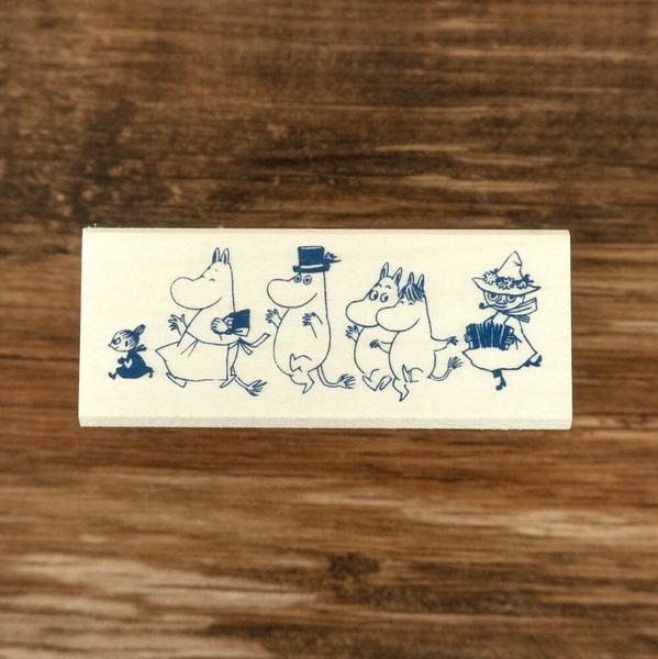A stamp featuring a group of cartoon characters, including Moom, Moomy, and other miscellaneous figures, all depicted in a whimsical and playful style.