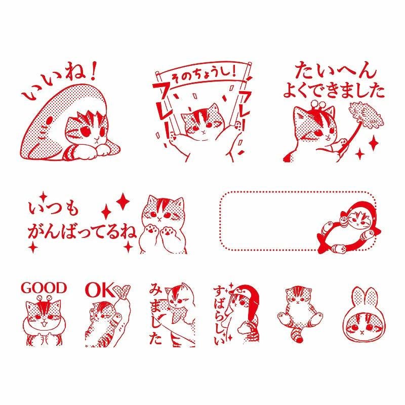 a collection of red and white illustrations featuring cats, along with various Japanese phrases and symbols. The illustrations include a cat with a hat, a cat holding a sign, and other cat-related images. The phrases and symbols include "Good", "OK", and "Cat", as well as other Japanese characters. The image is a collage of multiple images, and the descriptions provided should not be used to describe each individual image.