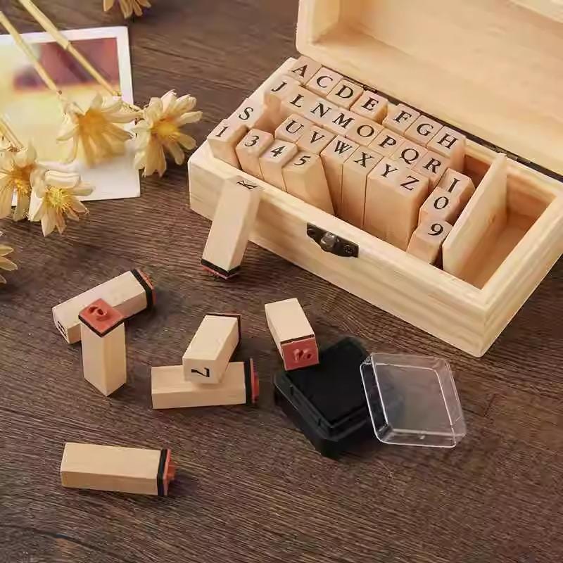 Alphabet and Number Stamps: Wooden Set with Ink Pad (Letters & Digits)