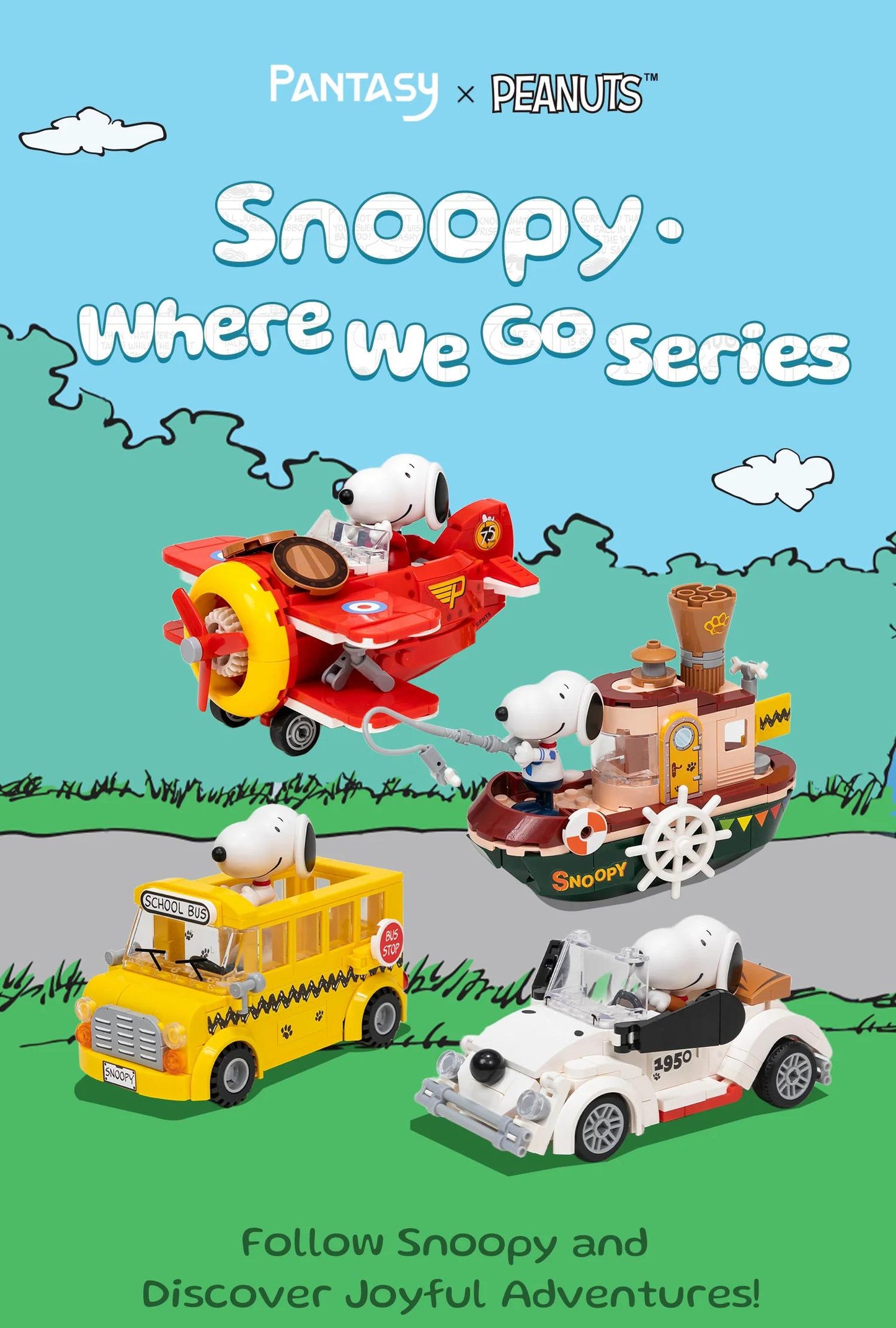 The image is a promotional poster for the "Where We Go Series" featuring characters from the Peanuts comic strip, including Snoopy. The poster includes images of Snoopy in various vehicles such as a bus, a plane, and a car, along with the text "Pantasy x Peanuts" and "Snoopy. Where We Go Series" prominently displayed.