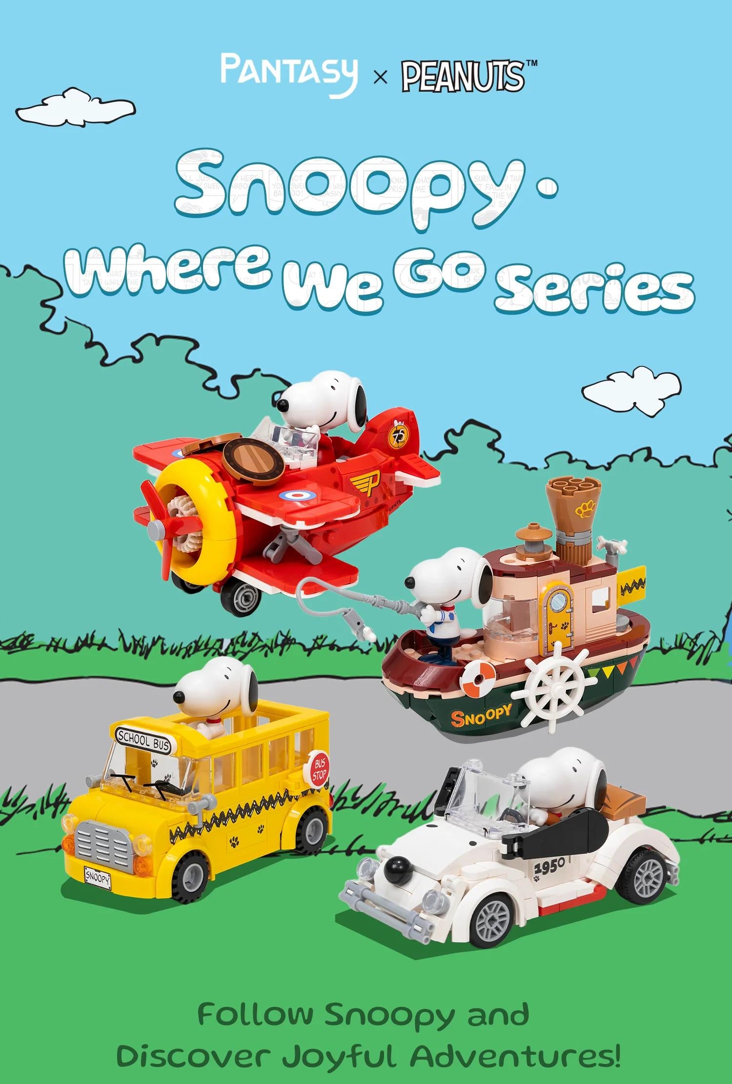 The image is a promotional poster for the "Where We Go Series" featuring characters from the Peanuts comic strip, including Snoopy. The poster includes images of Snoopy in various vehicles such as a bus, a plane, and a car, along with the text "Pantasy x Peanuts" and "Snoopy. Where We Go Series" prominently displayed.