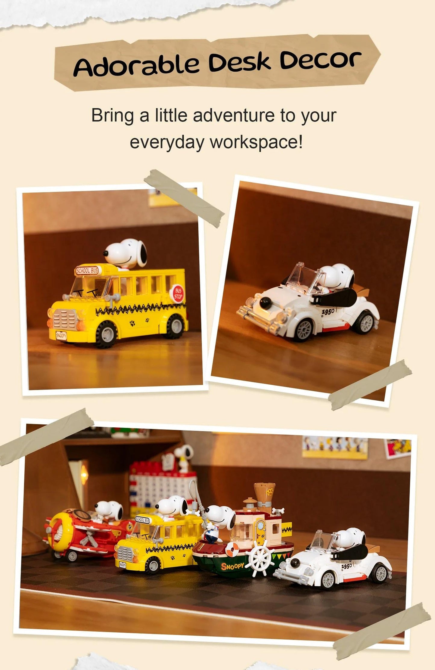 The image is a collage of three photos featuring various toy vehicles, including a school bus, a car, and a train, along with a character resembling Snoopy. The collage is titled "Adorable Desk Decor" and includes text that encourages bringing a little adventure to everyday workspaces.
