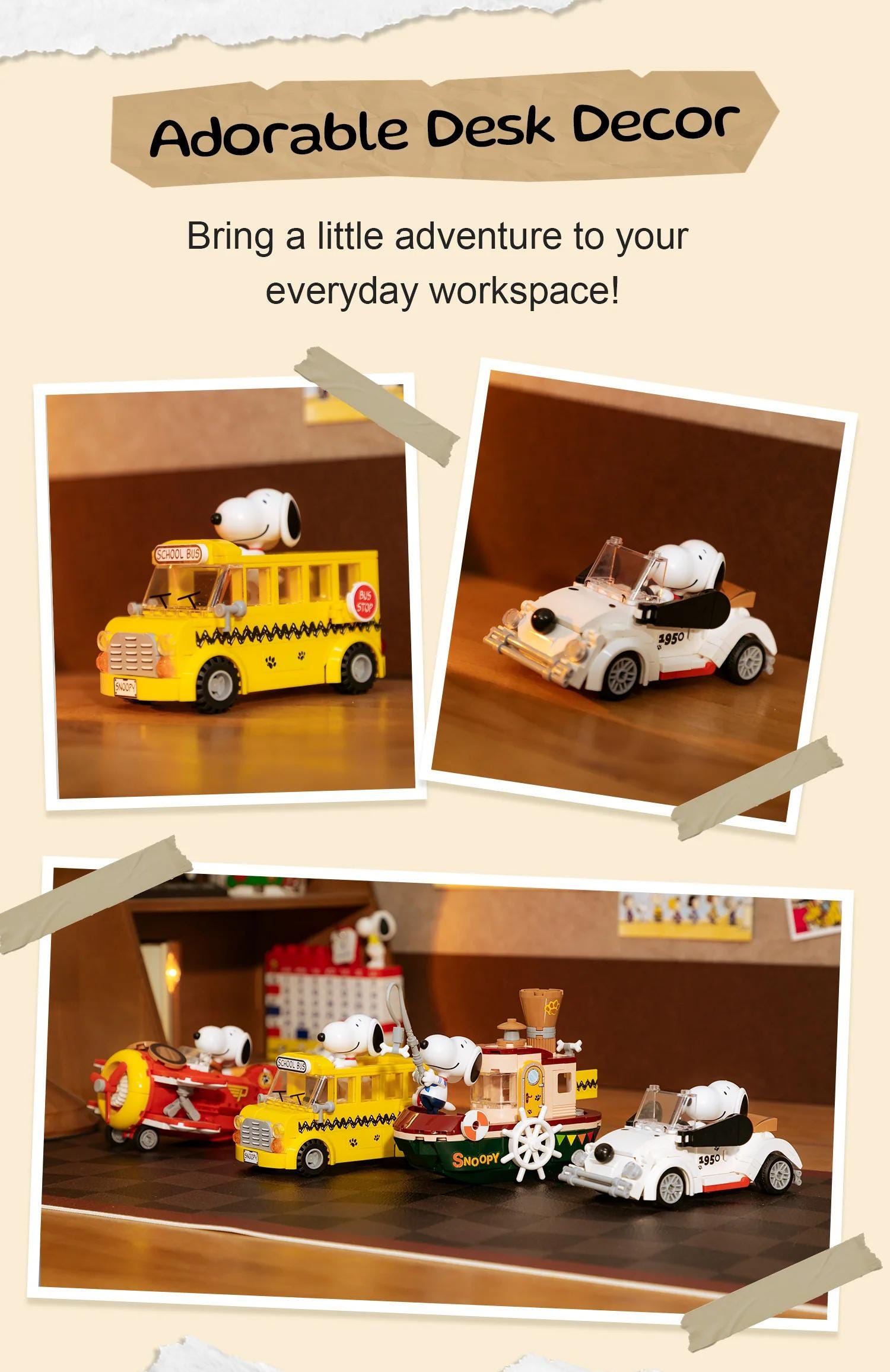 The image is a collage of three photos featuring various toy vehicles, including a school bus, a car, and a train, along with a character resembling Snoopy. The collage is titled "Adorable Desk Decor" and includes text that encourages bringing a little adventure to everyday workspaces.