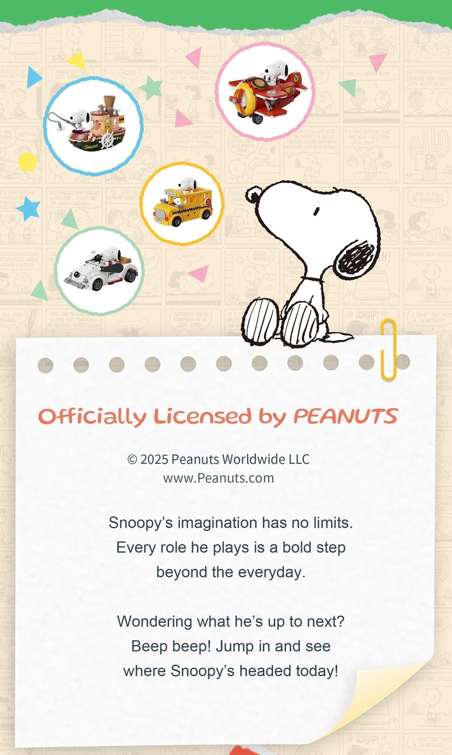 The image is an advertisement for a product called "Peanuts" that features a cartoon character, likely a character from the Peanuts comic strip. The product is officially licensed by Peanuts Worldwide LLC, and it is described as a bold step beyond the everyday. The advertisement also includes a poem about Snoopy's imagination and his endless possibilities.
