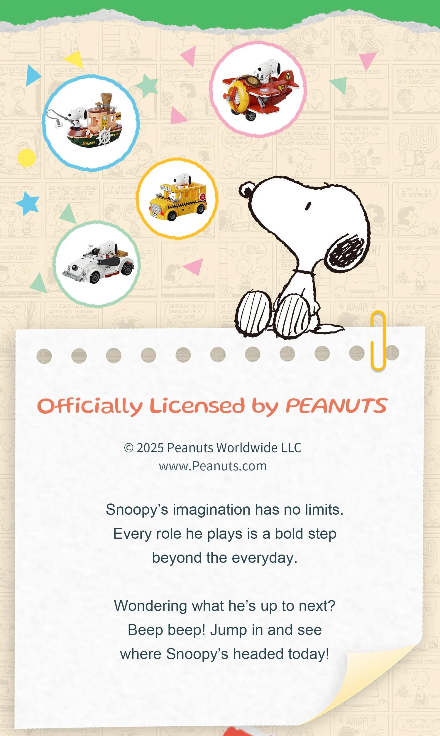 The image is an advertisement for a product called "Peanuts" that features a cartoon character, likely a character from the Peanuts comic strip. The product is officially licensed by Peanuts Worldwide LLC, and it is described as a bold step beyond the everyday. The advertisement also includes a poem about Snoopy's imagination and his endless possibilities.