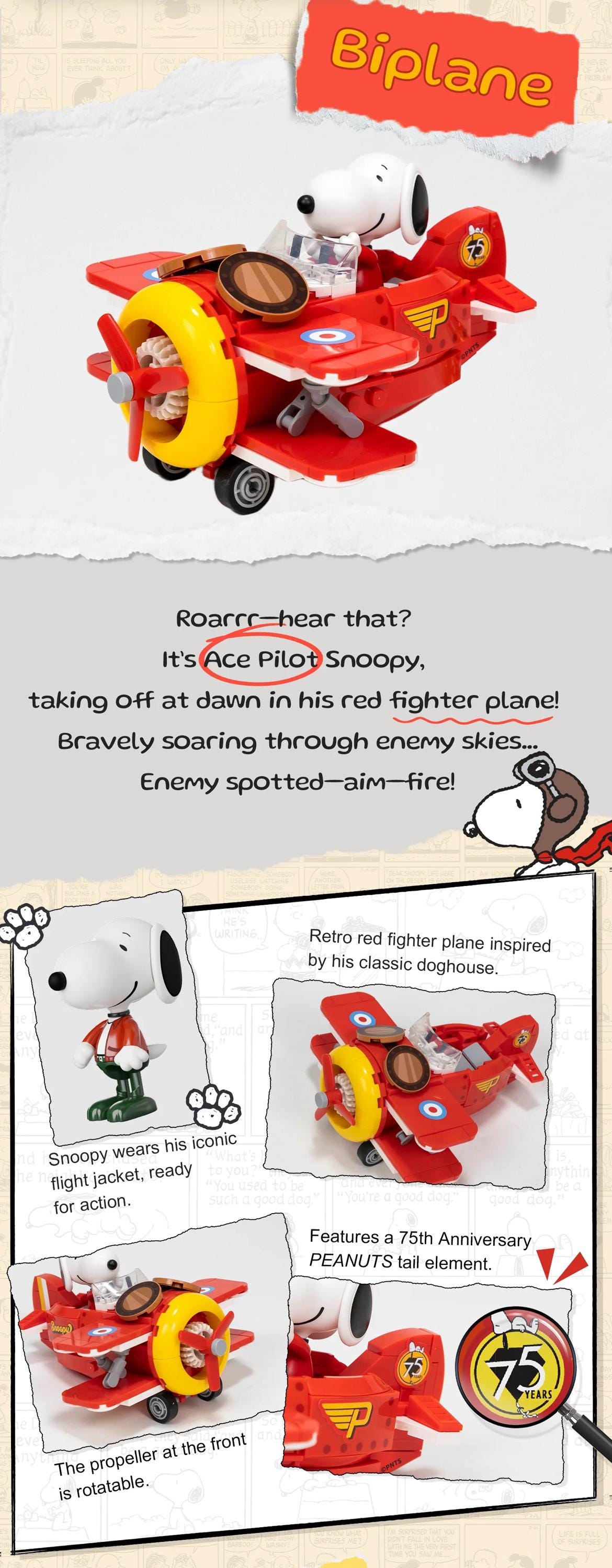 The image is a collage featuring a red propeller airplane with Snoopy, a classic Peanuts character, and a red fighter plane. The collage includes images of Snoopy in various poses and settings, as well as images of the airplane and the fighter plane. The collage does not contain any text, and the images are not described in detail.