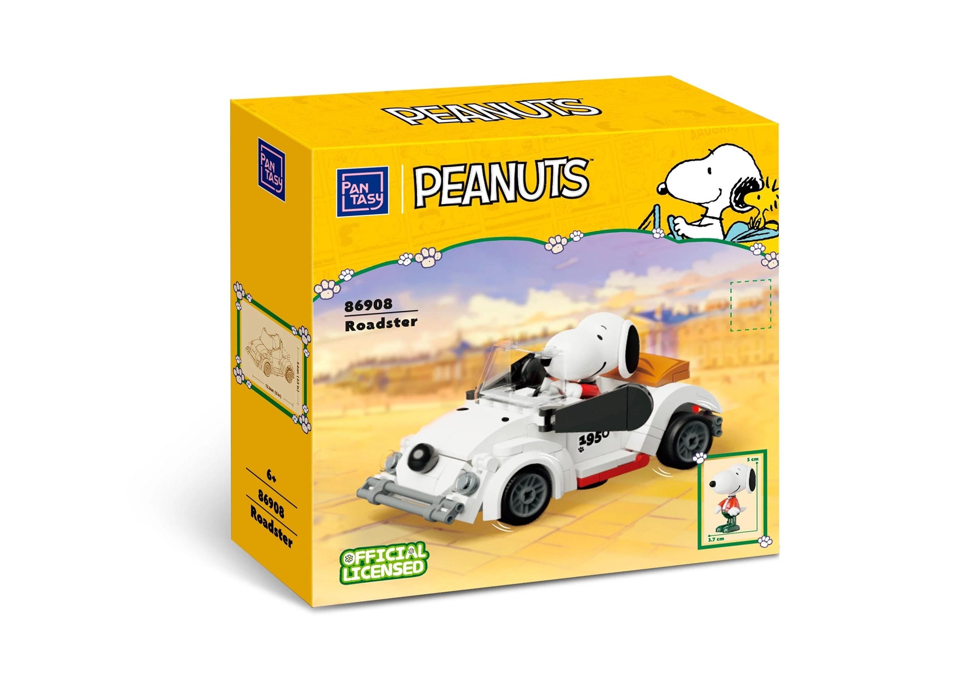 The image is a yellow box containing a Peanuts-themed toy car, featuring a cartoon image of Snoopy in the driver's seat.