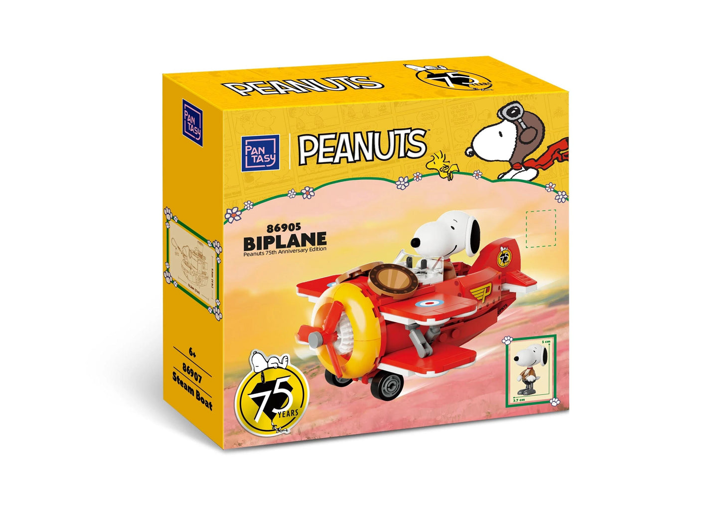 The image is a box for a Peanuts themed toy airplane featuring Snoopy, the beloved Peanuts character, and a Peanuts-themed propeller plane.