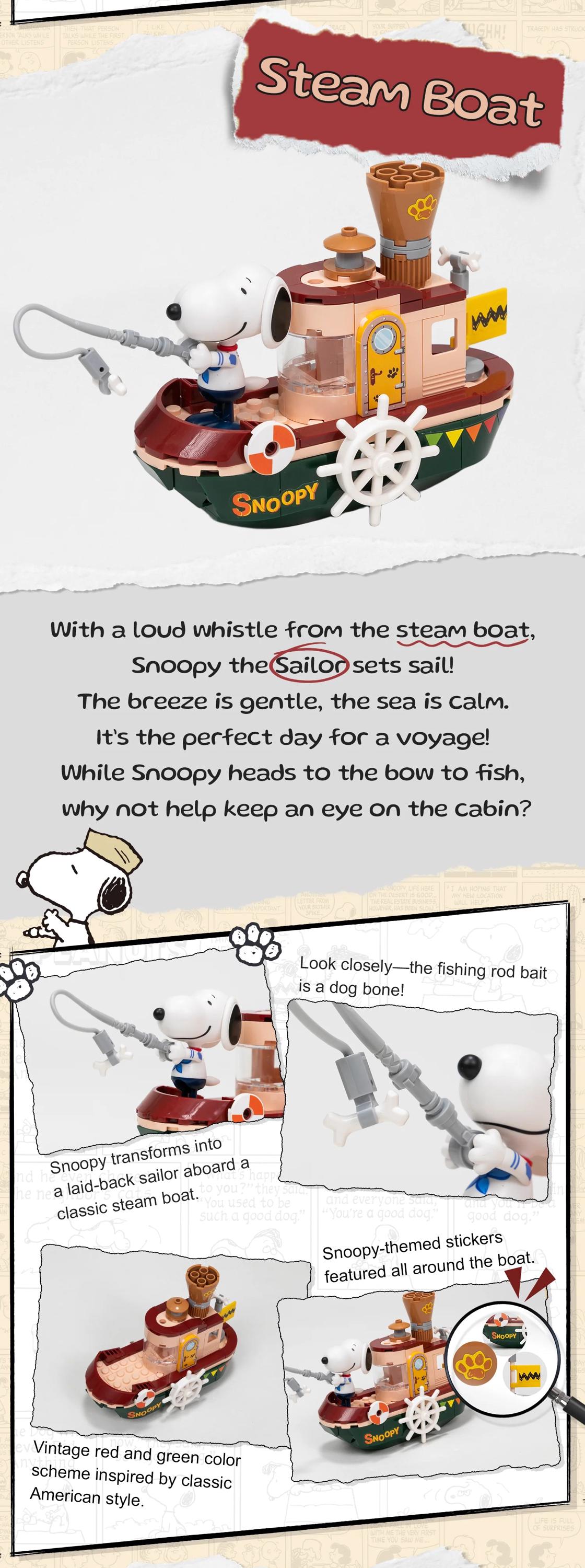 The image is a collage featuring a steam boat toy with Snoopy, a classic steam boat character, and a dog bone-themed fishing rod. The collage includes images of the steam boat, Snoopy, and the fishing rod.