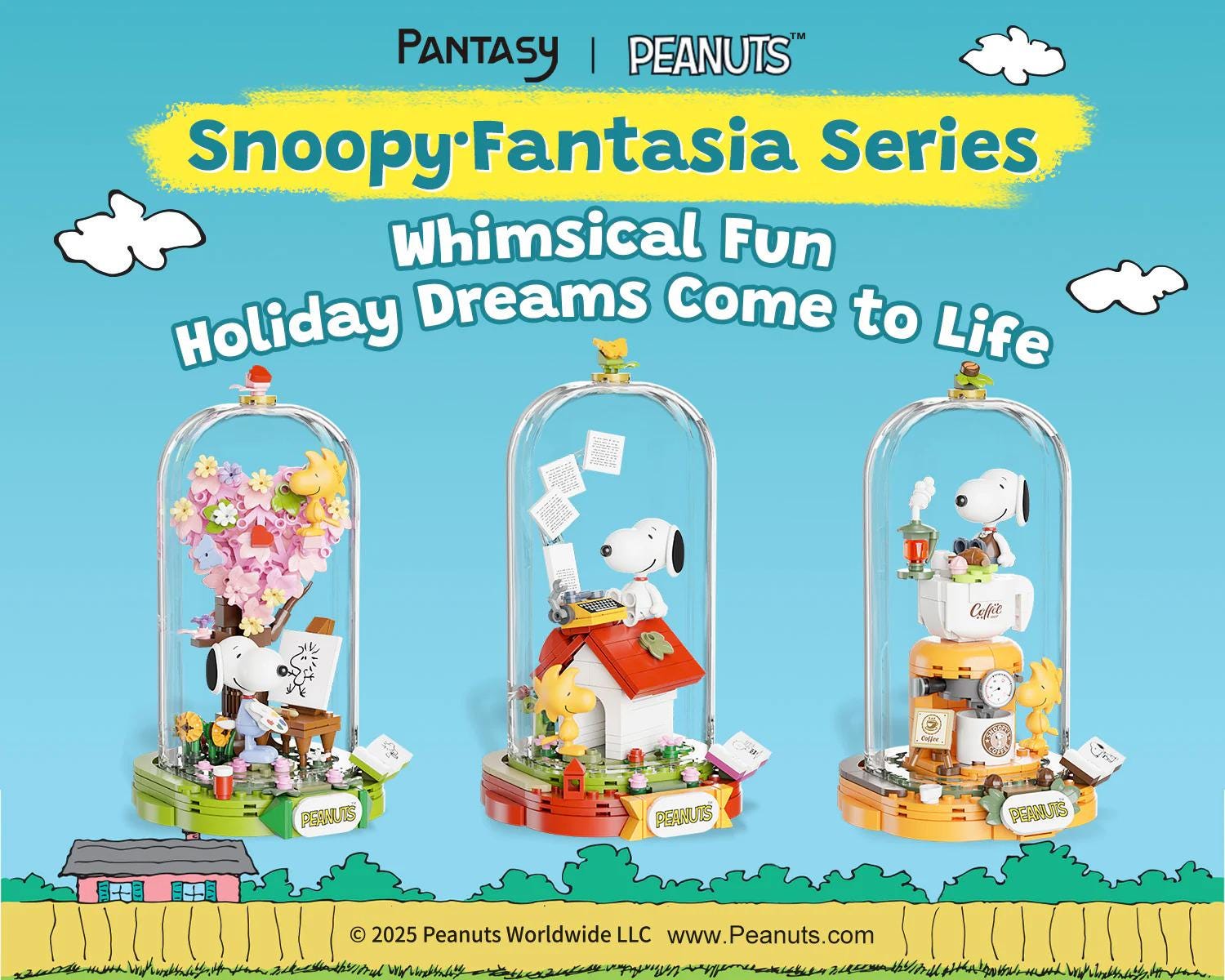 The image is an advertisement for the "Peanuts Fantasy Series" featuring three glass cases containing various Peanuts characters and objects, such as a house, flowers, and a clock.