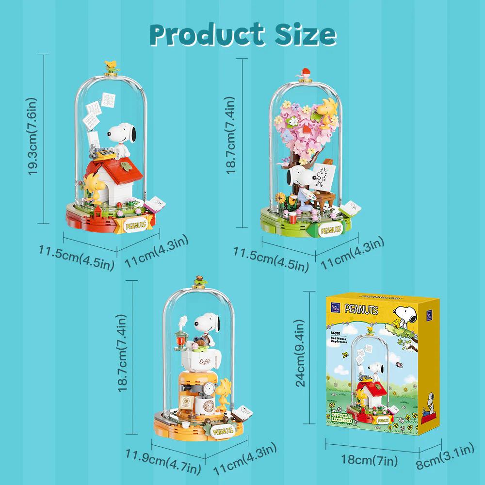 The image is a product size chart for Peanuts-themed items, including a Peanuts house, Peanuts birdhouse, Peanuts clock, Peanuts clock tower, and Peanuts clock tower box. The chart provides the dimensions of each item in centimeters (11.3 cm, 18.7 cm, 11.4 cm, 11.4 cm) and the corresponding box size (18.7 cm, 6.3 cm, 11.4 cm, 11.4 cm).