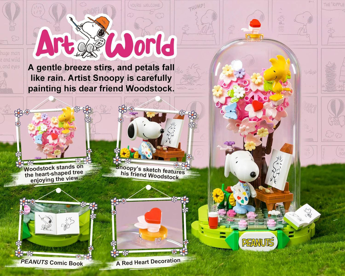 The image is a collage featuring various scenes and objects related to the Peanuts comic strip, including a Peanuts comic book, a Peanuts-themed decoration, and a Peanuts-themed painting.