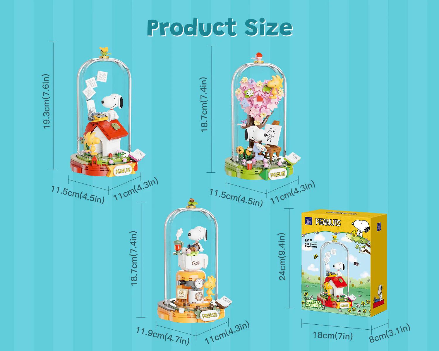 The image is a product size comparison of four Peanuts-themed items, including a Peanuts-themed birdhouse, a Peanuts-themed bird feeder, a Peanuts-themed birdhouse, and a Peanuts-themed bird feeder. The image provides the dimensions of each item in centimeters (11.5 cm/4.7 in, 11 cm/4.3 in, 11 cm/4.5 in, 11 cm/4.5 in) and the corresponding box size.