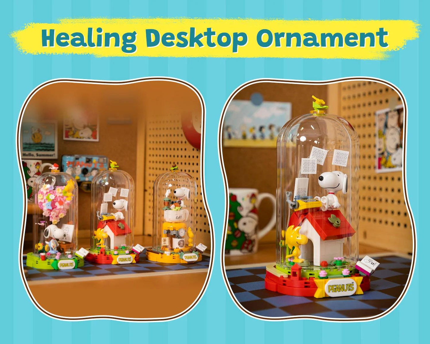 The image is a collage of two photos featuring desktop ornaments shaped like characters from the Peanuts comic strip. The ornaments include a Peanuts house, a Peanuts dog, and other Peanuts-themed items. The ornaments are displayed in glass cases, and the background includes a checkered floor and a wall with various Peanuts-related decorations.
