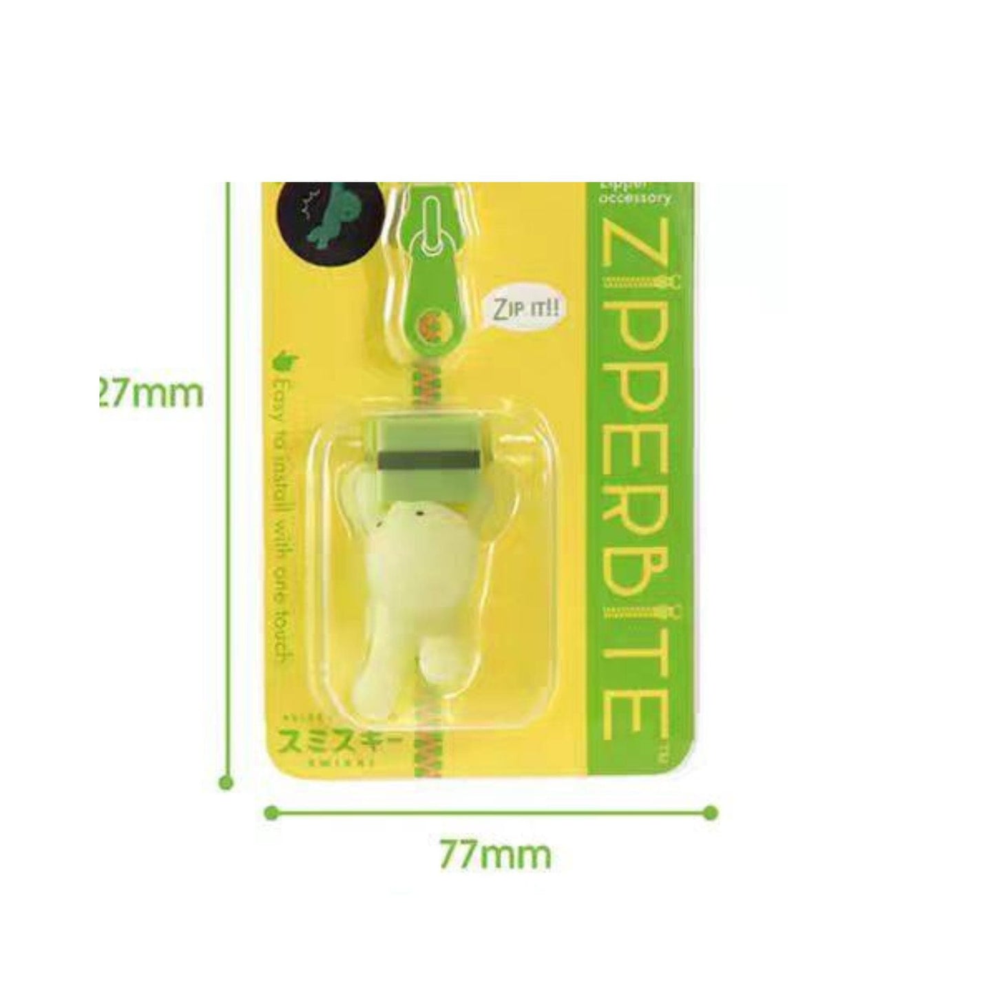 A package for a product called "Zipper Bite", which is a zipper pull with a small bear figure on it. The package is described as having a size of 27mm and is labeled as a "Zipper Bite" accessory.