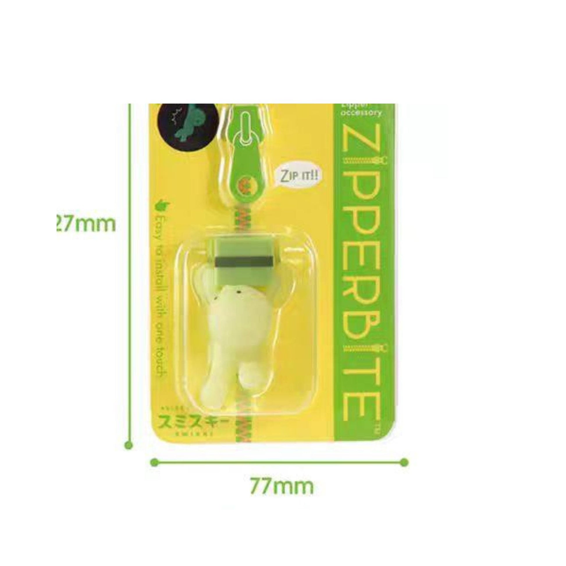 A package for a product called "Zipper Bite", which is a zipper pull with a small bear figure on it. The package is described as having a size of 27mm and is labeled as a "Zipper Bite" accessory.