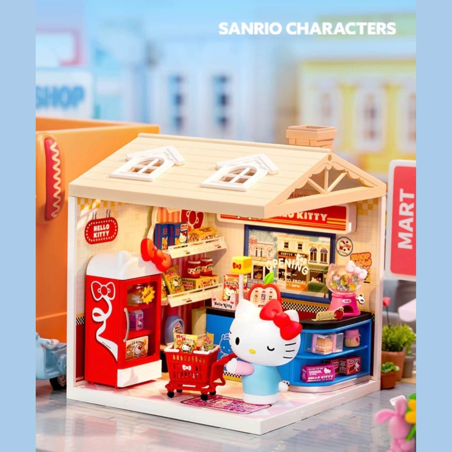 A miniature Hello Kitty toy store with various Hello Kitty merchandise, including a red bow, a red shopping cart, and a Hello Kitty sign.
