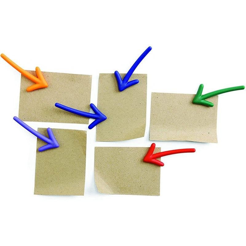 five blank pieces of paper with colorful arrows attached to them, suggesting a creative or artistic project or presentation.