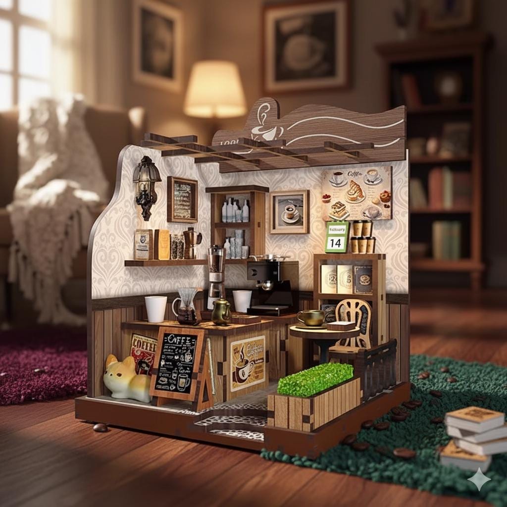 A miniature coffee shop with various items such as a coffee machine, chairs, books, and a cat figurine, all set up in a cozy, homey environment.