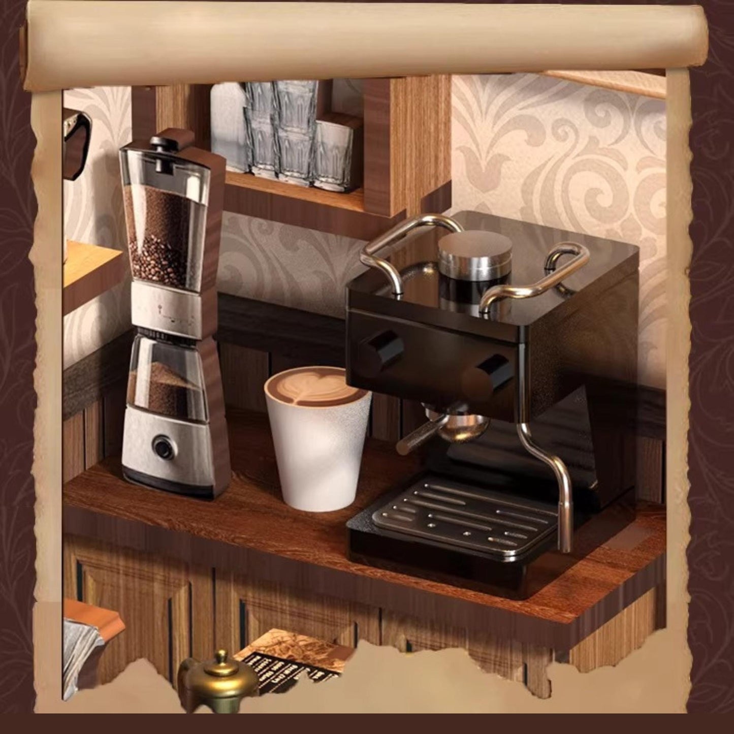 A coffee machine, a grinder, and a cup of coffee are displayed on a wooden countertop in a cozy, rustic setting.