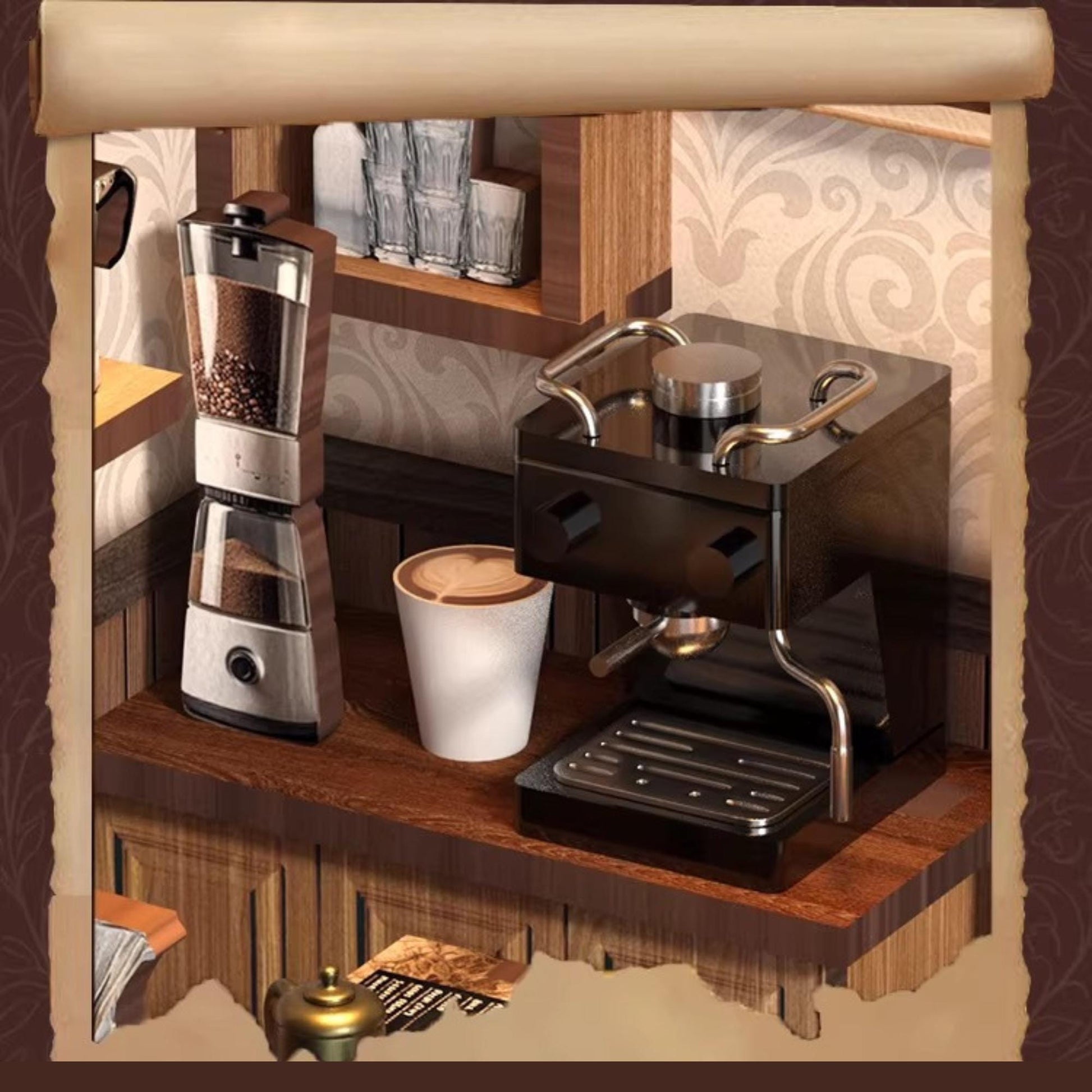 A coffee machine, a grinder, and a cup of coffee are displayed on a wooden countertop in a cozy, rustic setting.