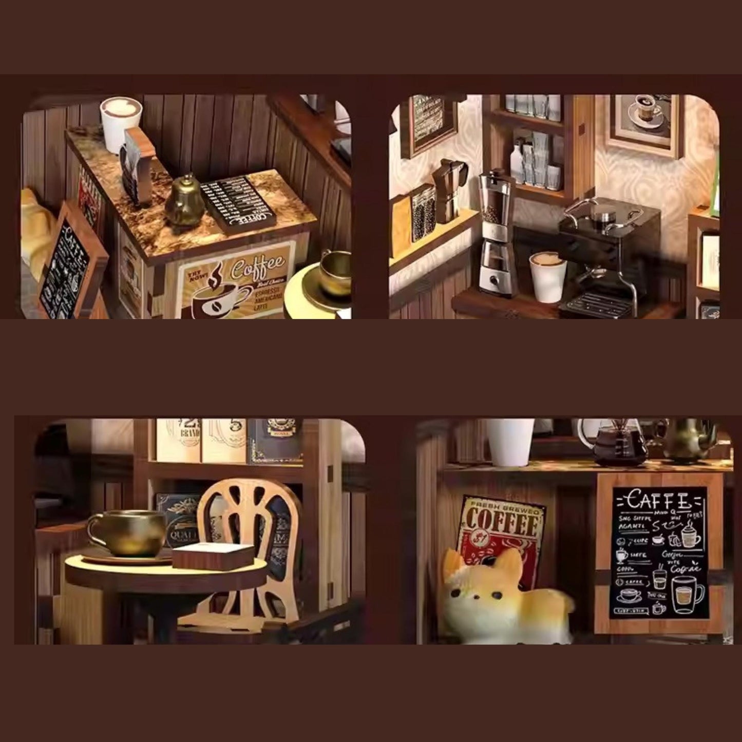 The image is a collage of four different views of a coffee shop, showcasing various elements such as tables, chairs, and decorative items.
