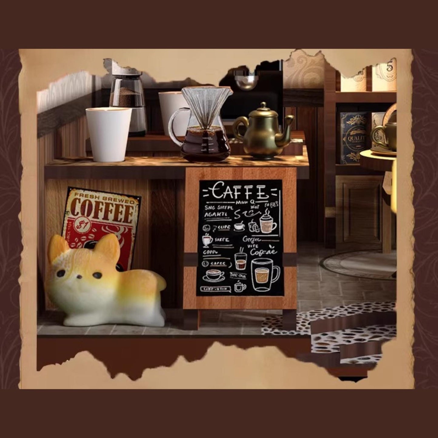 a cozy coffee shop scene with various coffee-making equipment and decorative items, including a cat figurine, a coffee cup, and a chalkboard menu.
