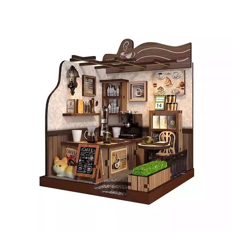 A detailed 3D model of a small coffee shop, featuring various elements such as a counter, seating area, and decorative items.