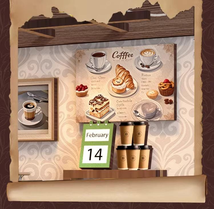 a cozy coffee shop scene with a menu board, a calendar, and a display of coffee cups.