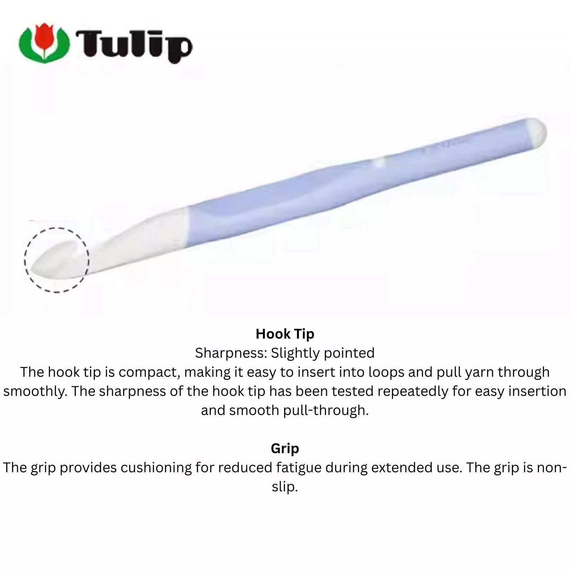a blue and white toothbrush with a hook tip, which is described as having a sharpness of slightly pointedness and a grip that provides cushioning during extended use.