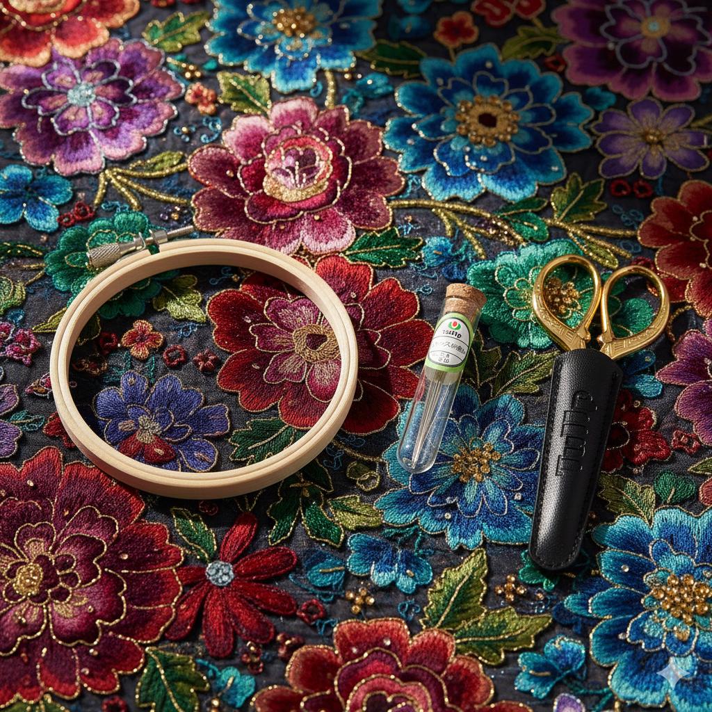 a variety of colorful flowers, including red, blue, and purple ones, arranged on a dark background. There is a hoop, a pair of scissors, and a small glass bottle, which are all placed on the floral surface.