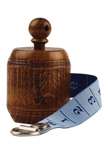 A wooden object with a metal clasp and a blue strap with text on it.