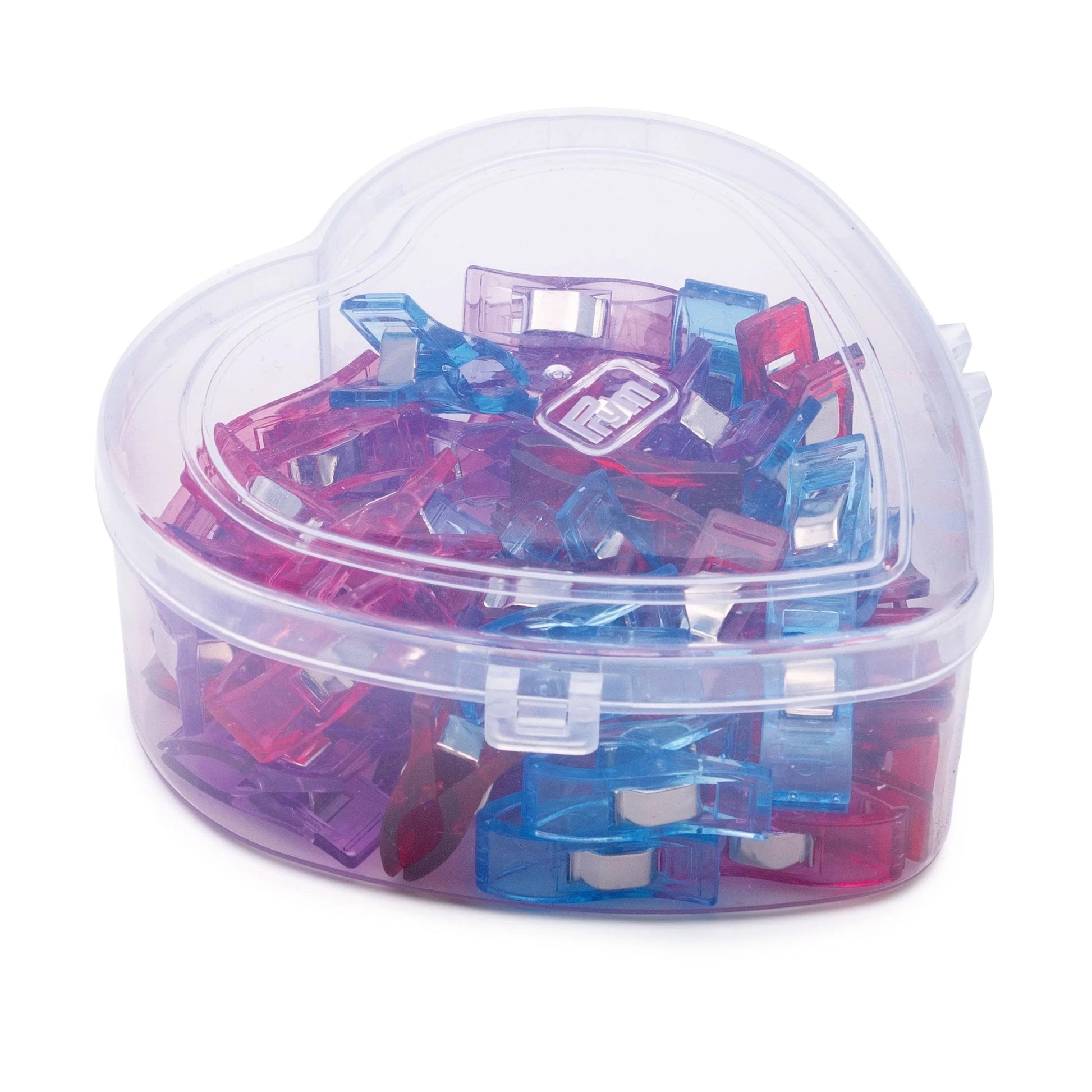 A heart-shaped plastic container filled with colorful plastic clips in shades of pink, blue, and purple.