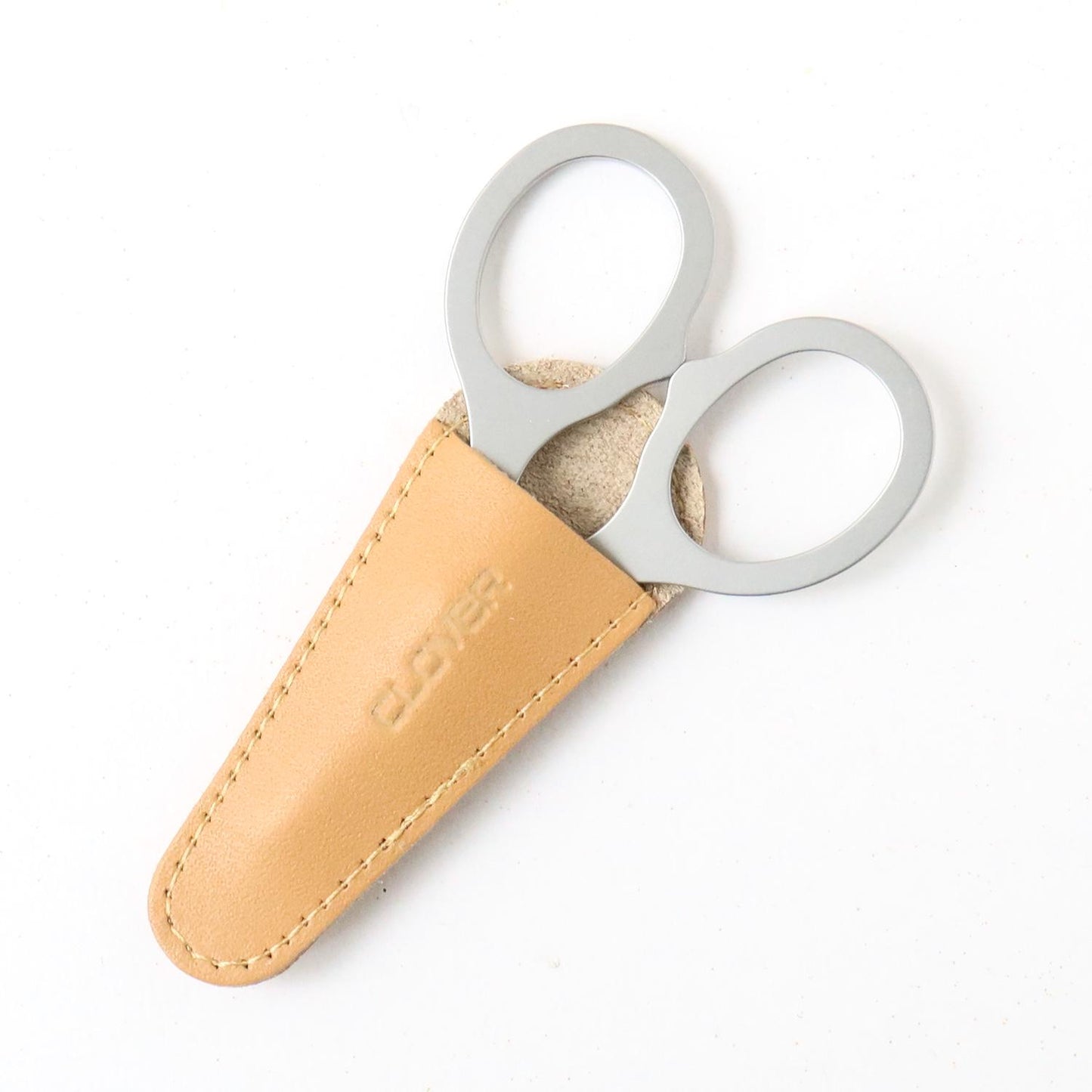 A pair of silver scissors with a leather case on a white background.