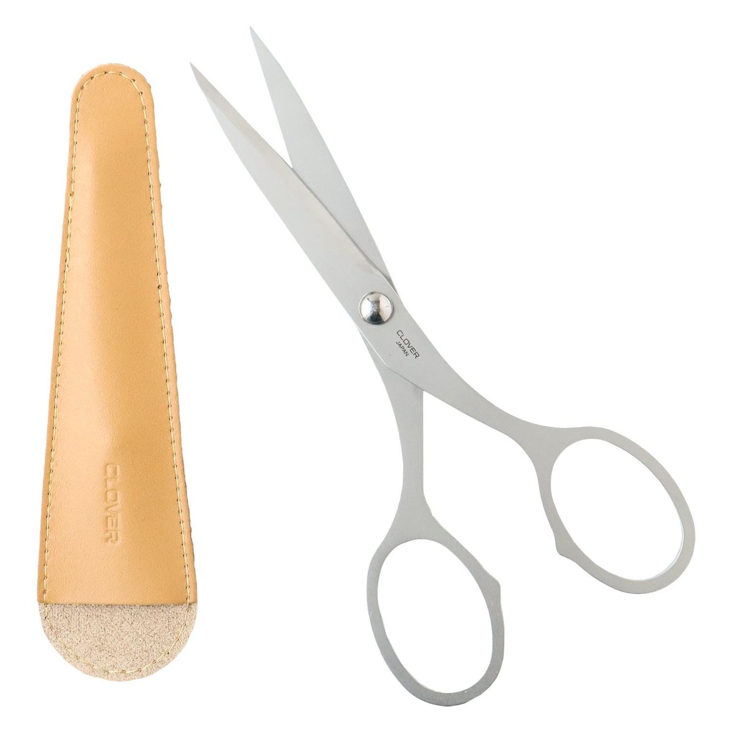 a pair of silver scissors and a leather case with a beige leather strap.