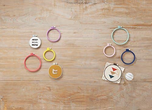 a variety of colorful embroidery floss and hoop pieces arranged on a wooden surface.