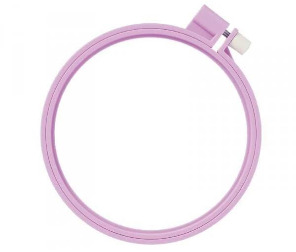 A purple plastic embroidery hoop with a white connector on the top.