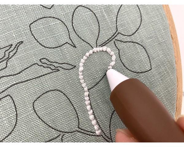 A hand is using a brown embroidery needle to work on a piece of fabric with a repeating pattern of leaves and flowers.