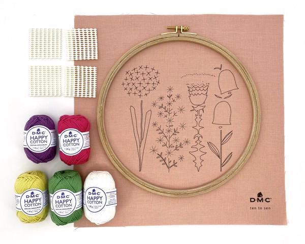 a sewing kit containing embroidery floss, yarn, and a hoop with a hand-drawn floral design.