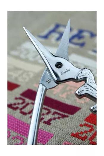 A pair of silver scissors with a decorative handle is shown in the image.