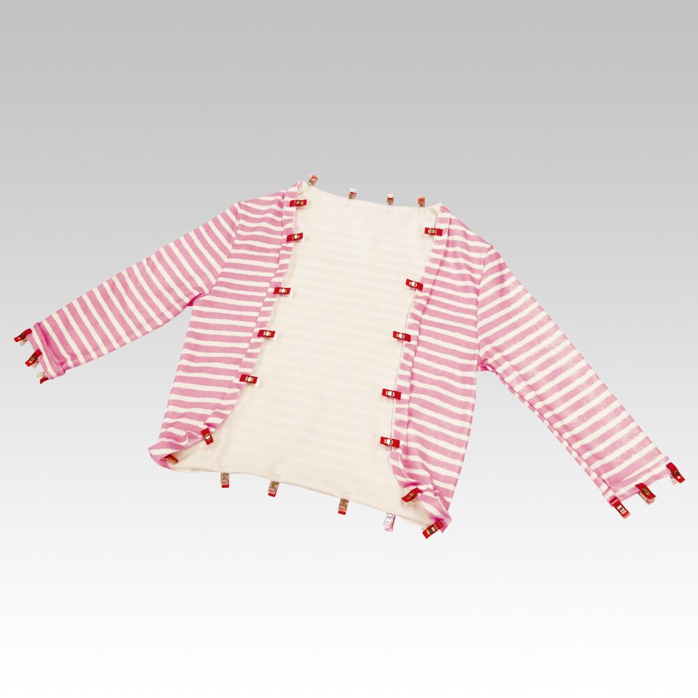 A pink and white striped shirt with red clips fastened at the sleeves and hem, laid out on a plain background.