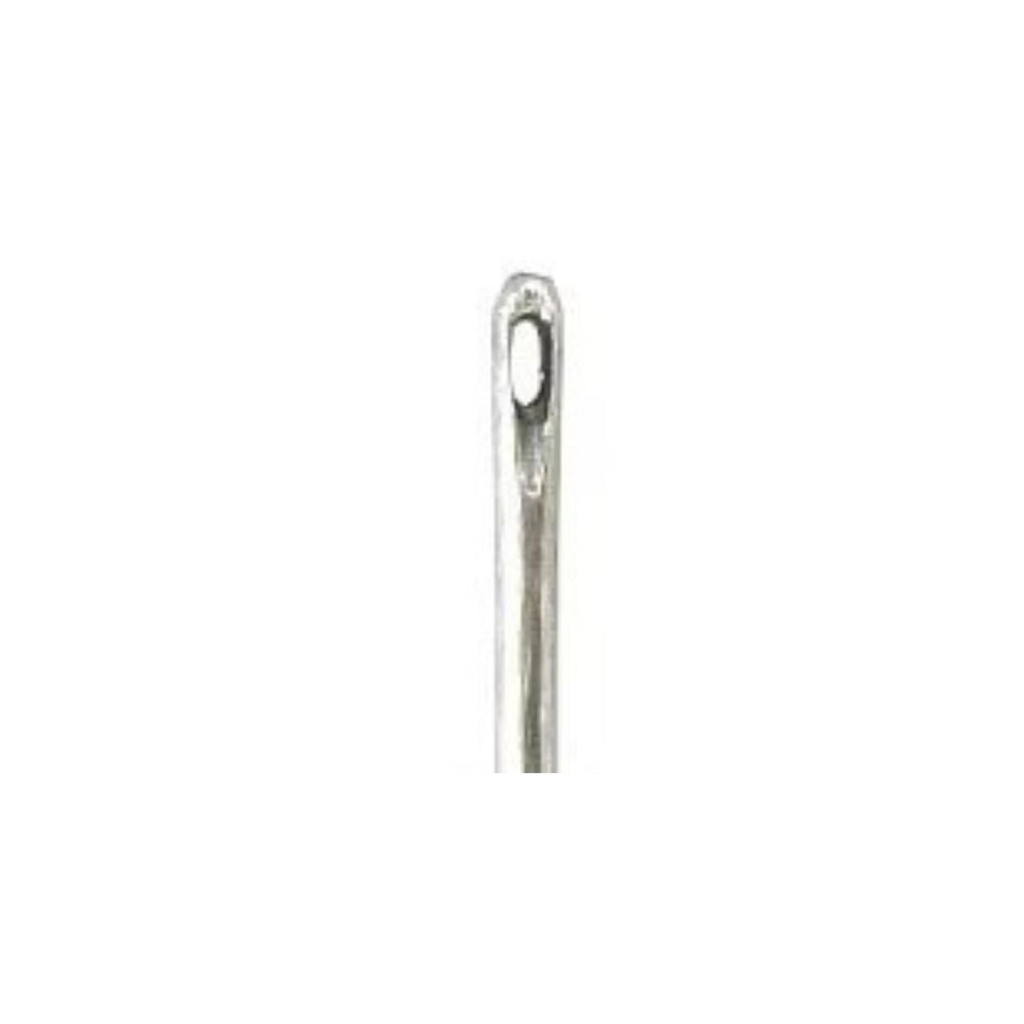 A single, silver needle is shown against a white background.